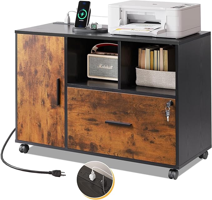 DEVAISE File Cabinet with Charging Station, 1 Drawer Rolling File Cabinet, Locking Filing Cabinet for Home Office, Wood Printer Stand with Storage, Rustic Brown
