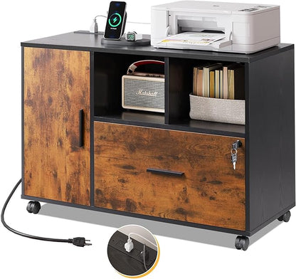 DEVAISE File Cabinet with Charging Station, 1 Drawer Rolling File Cabinet, Locking Filing Cabinet for Home Office, Wood Printer Stand with Storage, Rustic Brown