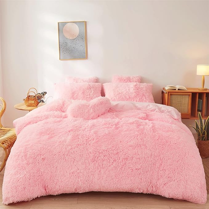 Fluffy comforters Cover twin size - Ultra Soft Plush pink bedding Sets 2 Pieces (1 faux fur comforter Cover + 1 fuzzy pillow case) girls shaggy Pink twin bed set (Light Pink, Twin)