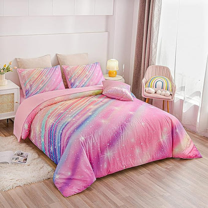 Btargot Super Soft 6 Pieces Gradient Star Ring Comforter Set, Colorful Glitter Rainbow Star Pattern Bedding Set for Boys Girls Teens, Full Pink
