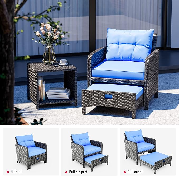 Pamapic 5 Pieces Wicker Patio Furniture Set Outdoor Patio Chairs with Ottomans Conversation Furniture with coffetable for Poorside Garden Balcony(Blue Cushion + Black Rattan)…