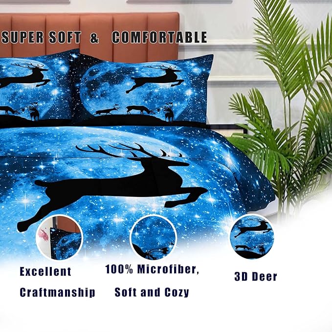 NINENINE Galaxy Deer Comforter Queen Size for Boys Girls Kids,Blue Moonlight Bedding Sets,Outer Space Bedding Set with 1 Comforter 2 Pillowcases