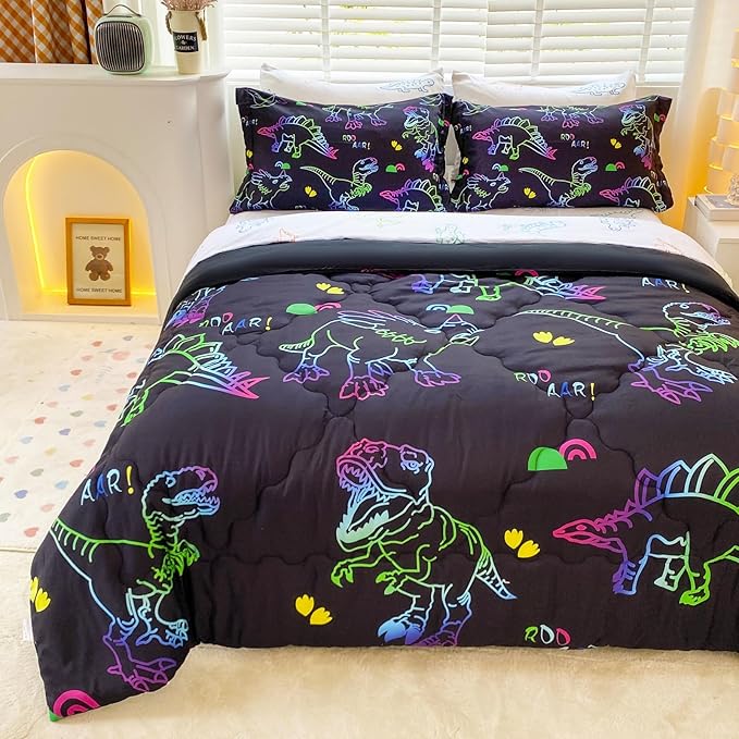 7 Piece Dinosaur Comforter Set -Twin Size for Boys 3D Print Sketch Dinosaur Bedding Set Bed in A Bag for Kids Teens Rainbow-Colored Gradient Line Animal Comforter