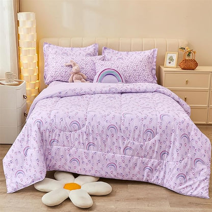 Mooreeke Queen Size Comforter Sets for Girls Kids, 8 Pieces Bed in a Bag Purple Love Heart Rainbow Bedding Comforter Sheet Set with Shams and Decorative Toy Pillow, Ultral Soft Microfiber Kids Bed Set
