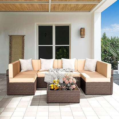 Pamapic 7 Piece Modular Outdoor Sectional, UV Protection Rattan Patio Sectional with Coffee Table, Adjustable Outdoor Couch with Removable Waterproof Cushions Covers(Brown Sugar)