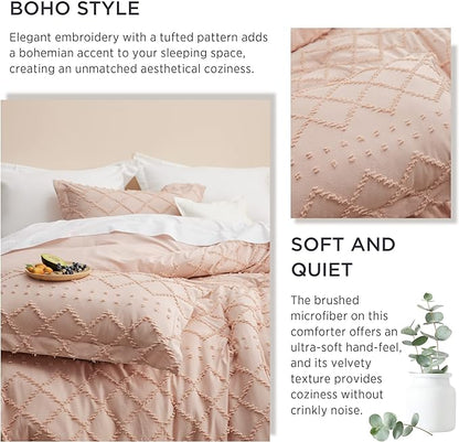 Bedsure Queen Comforter Set - Coral Pink Comforter, Boho Tufted Shabby Chic Bedding Comforter Set, 3 Pieces Vintage Farmhouse Bed Set for All Seasons, Fluffy Soft Bedding Set with 2 Pillow Shams