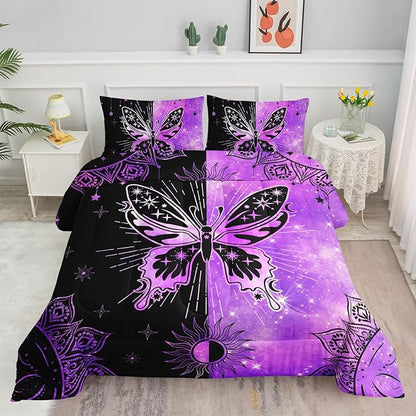 Datura home Black Purple Butterfly Comforter Set for Girls Women,Boho Butterfly Sun and Moon Mandala Printed Bedding Set with 2 Pillowcases(Black Purple Full)