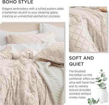 Bedsure Full Size Comforter Set - Beige Comforter, Boho Tufted Shabby Chic Bedding Comforter Set, 3 Pieces Vintage Farmhouse Bed Set for All Seasons, Fluffy Soft Bedding Set with 2 Pillow Shams