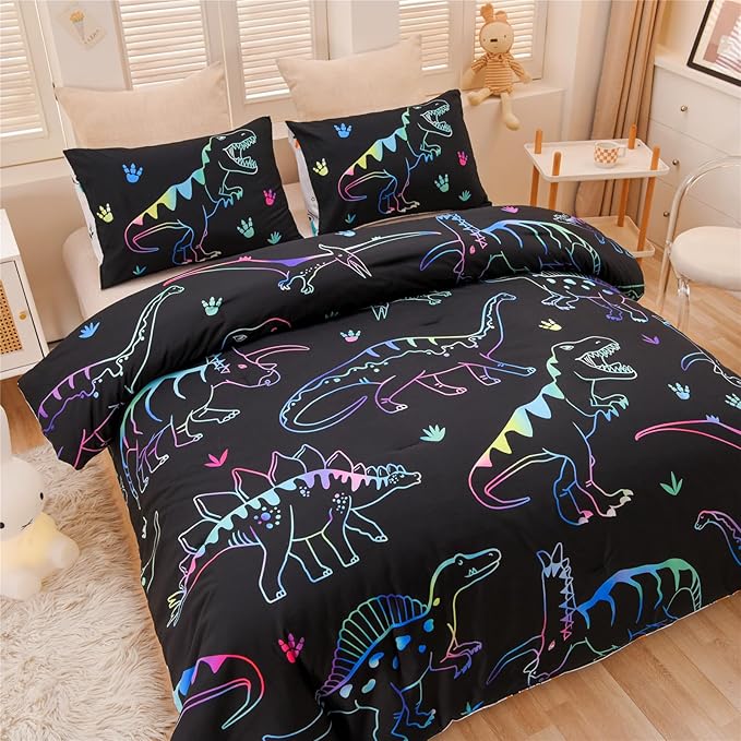Meeting Story Dinosaur Comforter Set, Fluorescence Dinosaur Colorful Pattern Style Twin Comforter Set, 3 PCS 1 Comforter and 2 Pillowcases in One Bag, All Season Bedspread for Kids Teens Adults（Twin）