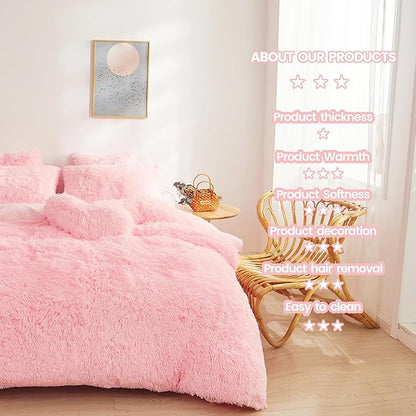 Fluffy Faux Fur Pink Comforter Cover Set Queen - Ultra Soft Plush Pink Bedding Sets 3 Pieces (1 fluffy duvet cover + 2 Faux Fur Pillow case) Cute Pink Bed Set (Light Pink, Queen)