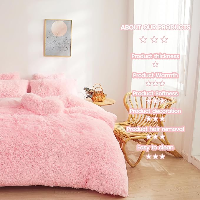 Fluffy comforters Cover twin size - Ultra Soft Plush pink bedding Sets 2 Pieces (1 faux fur comforter Cover + 1 fuzzy pillow case) girls shaggy Pink twin bed set (Light Pink, Twin)