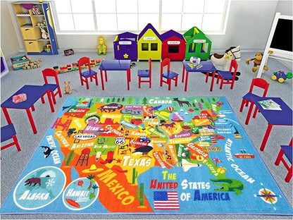 KC Cubs Playtime Collection USA United States Map Educational Learning & Game Area Rug Carpet for Kids and Children Bedrooms and Playroom (8'2" x 9'10"), Multi