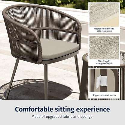 EAST OAK Breezeway Patio Furniture Set, 3-Piece Outside Bistro Set Handwoven Rattan Wicker Chairs with Waterproof Cushions, Tempered Glass Table, Outdoor Conversation Set for Porch, Coffee & Beige