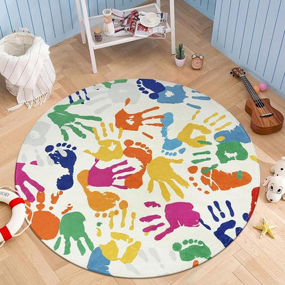 Colorful Round Rug for Kids Bedroom, 4'x4' Handprints and Footprints Circle Rug for Playroom, Rainbow Washable Rug for Nursery, Small Circular Carpet for Classroom Dorm Daycare