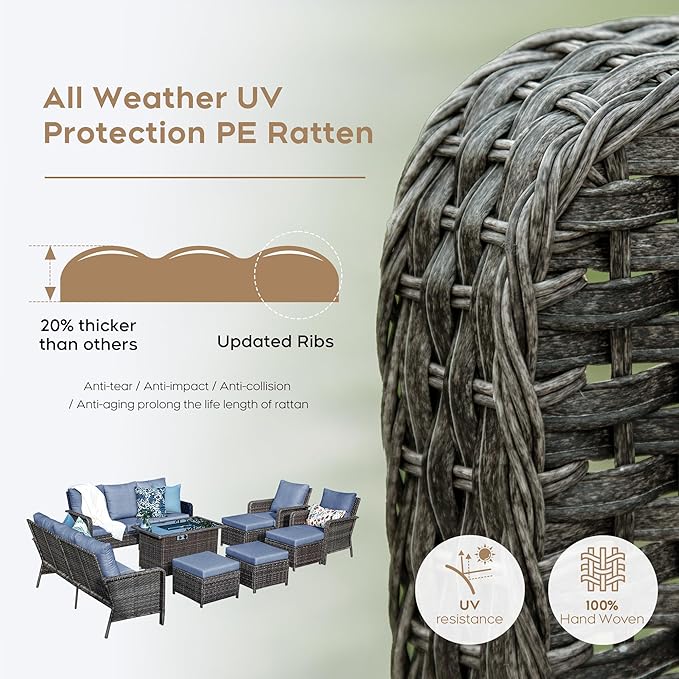 Yechen Patio Conversation Set 12 Seats with 44" Propane Gas Fire Pit Table - 9 Pcs Outdoor Wicker Furniture Set with Lid & Wind Shields - Sectional Sofa Set for Porch,Backyard