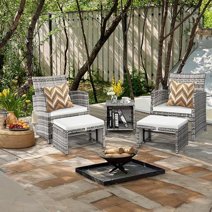 Outvita 5 Pieces Patio Furniture Set, Outdoor Rattan Sectional Sofa Conversation Sets with Coffee Table, Single Sofa and Ottoman for Garden Backyard Balcony Porch Poolside(Gray Gradient)