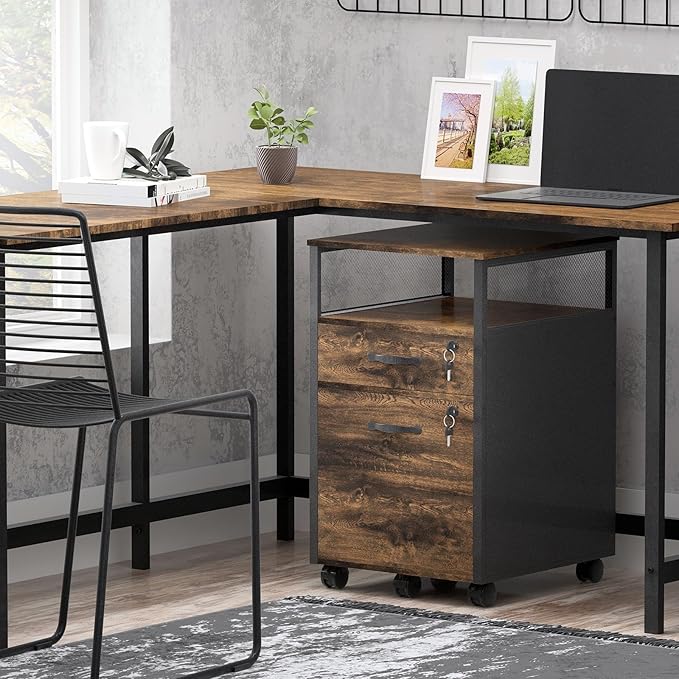 2 drawer file cabinet with lock, Wood Filing Cabinet for Home Office with Wheels and Open Shelf, Small Rolling Printer Stand and Under Desk File Cabinets for A4/Letter-Size Files-Brown