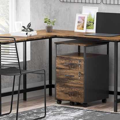 2 drawer file cabinet with lock, Wood Filing Cabinet for Home Office with Wheels and Open Shelf, Small Rolling Printer Stand and Under Desk File Cabinets for A4/Letter-Size Files-Brown