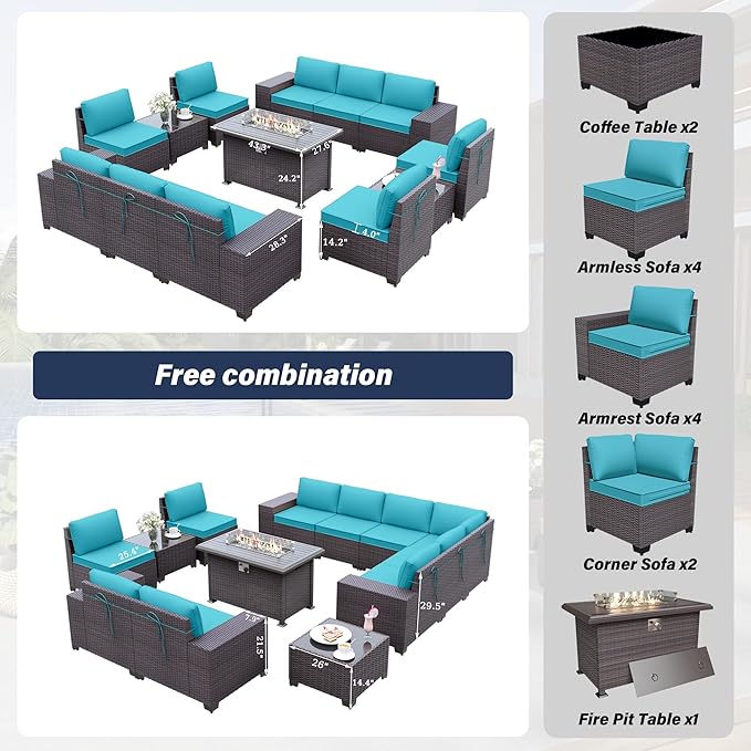 Patio Furniture Sectional Sofa Set 13-Pieces PE Rattan Patio Conversation Set w/43in Gas Fire Pit Table, Outdoor Furniture with 55000 BTU Propane Fire Pit, Blue