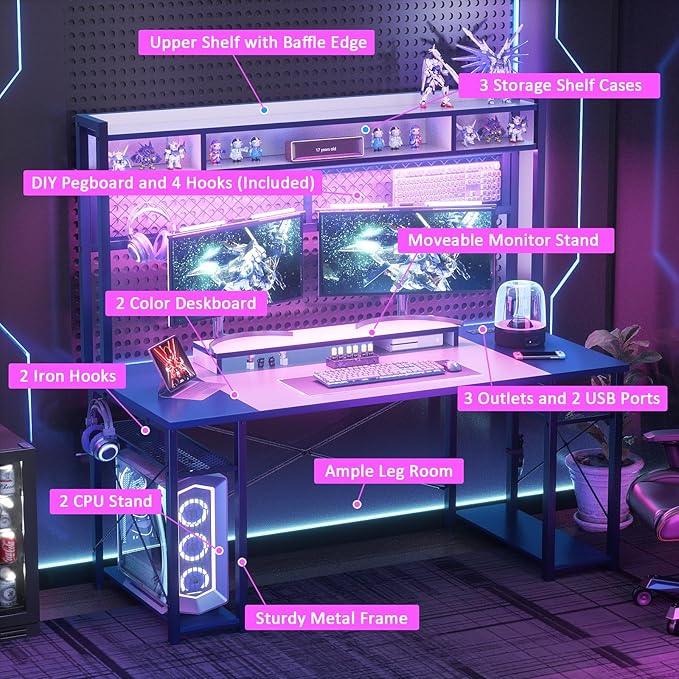 armocity 2024 Upgrade Gaming Desk with Hutch, 55.2'' Magic Computer Desk with LED Lights and Outlets, Reversible Workstation Desk with Pegboard and Monitor Stand, Gamer Desk PC Table, White and Blue
