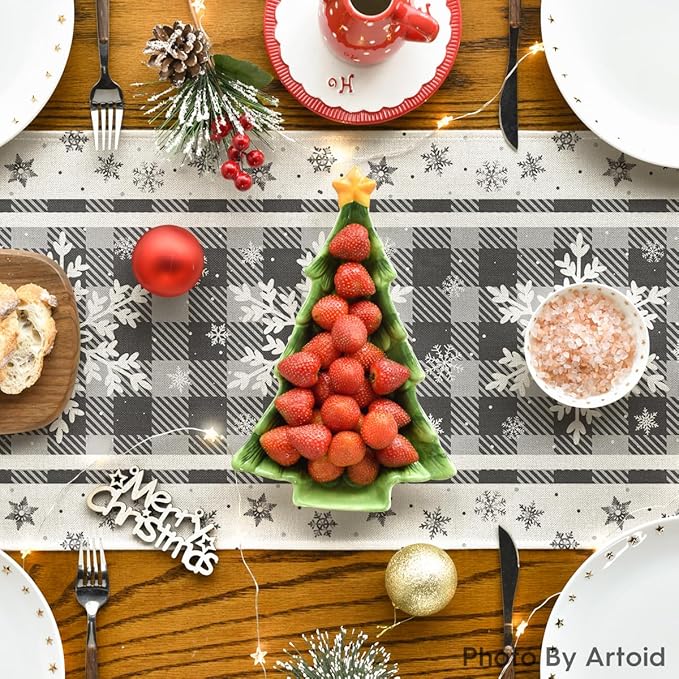 Artoid Mode Grey Buffalo Plaid Snowflakes Christmas Table Runner, Seasonal Winter Kitchen Dining Table Decoration for Home Party Decor 13x72 Inch