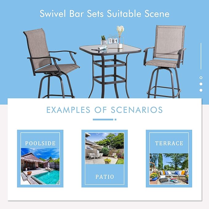 Shintenchi Patio Swivel Bar Set, All Weather Textile Fabric Outdoor High Stool Bistro Set with 2 Bar Chairs and Glass Table for Home, Backyard, Garden, Lawn, Porch (Brown), 3 Pieces