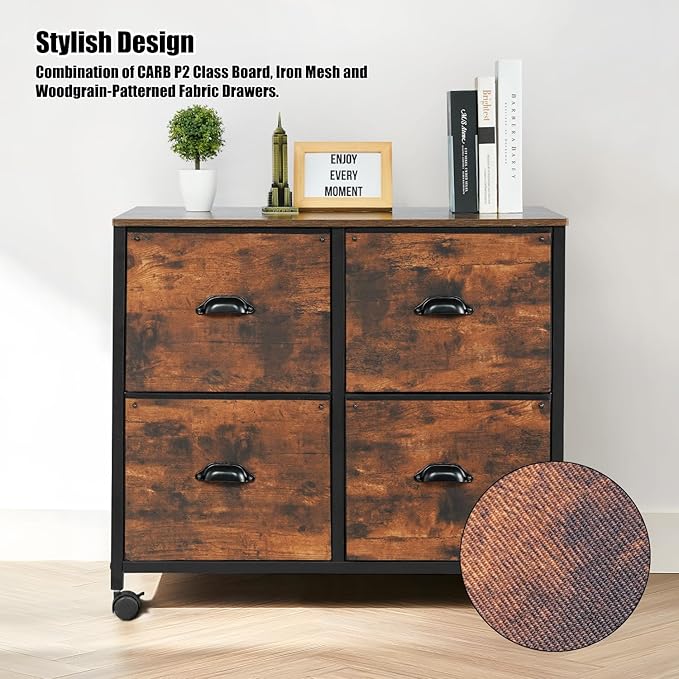 TOPSKY 4 Drawers Mobile Fabric Lateral File Cabinet with Casters for Letter SIze File (Black)