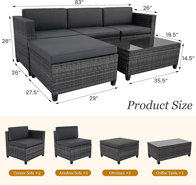 5 Piece Outdoor Patio Sectional Furniture Set, Weather Resistant Rattan Outside Couch, Waterproof Conversation Sofa for Balcony, Porch, Backyard, Deck, Garden, Grey