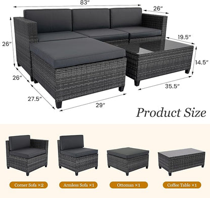 5 Piece Outdoor Patio Sectional Furniture Set, Weather Resistant Rattan Outside Couch, Waterproof Conversation Sofa for Balcony, Porch, Backyard, Deck, Garden, Grey
