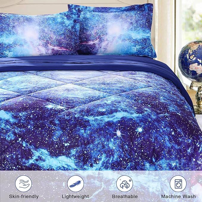 Wowelife Galaxy Bedding Twin Outer Space Comforter Set 5 Pieces Blue Cosmic Galaxy Bed Set Kids Bed in A Bag Twin for Teen Boys and Girls with Comforter, Flat Sheet, Fitted Sheet and 2 Pillowcases