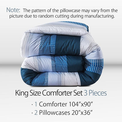 Andency Stripe Comforter Set King Size (104x90 Inch), 3 Pieces Navy Patchwork Striped Comforter, Soft Microfiber Down Alternative Comforter Bedding Set with Corner Loops