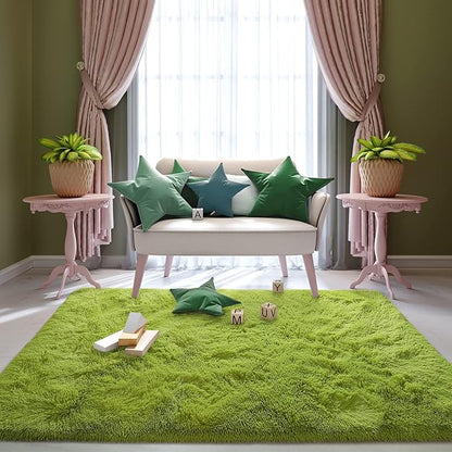 Super Soft Fluffy Shaggy Rugs for Living Room Bedroom, Fuzzy Plush Area Rugs for Girls Kids Room Nursery Home Decor, Furry Dorm Rug Cute Non-Slip Indoor Floor Carpet 5x8 Feet, Green