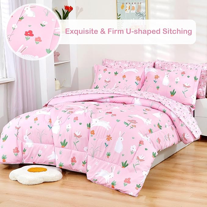 Mooreeke Bed in a Bag for Kids Girls Teens, 7 Pieces Full Size Comforter Bed Set with Shams, Sheet Set, Rabbit Pink Super Soft Microfiber Kids Comforter Bedding Set