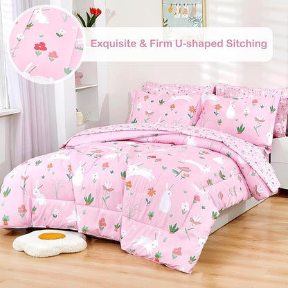 Mooreeke Bed in a Bag for Kids Girls Teens, 7 Pieces Full Size Comforter Bed Set with Shams, Sheet Set, Rabbit Pink Super Soft Microfiber Kids Comforter Bedding Set