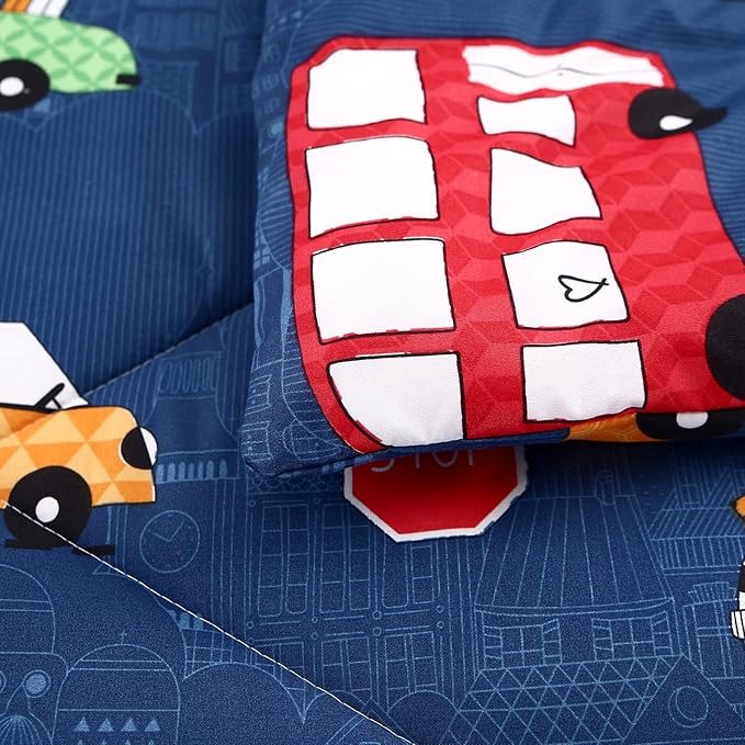 MAG 3Pcs Cartoon Car Bedding Comforter Set, Blue Cute Base Twin Comforter Set,for Toddlers Kids,Boys Teens and Girls,Super Soft Microfiber, Twin Size