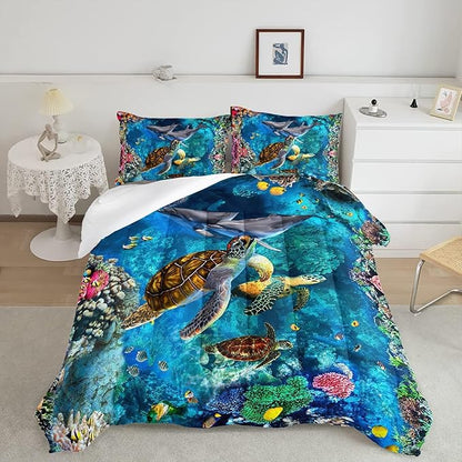 CVHOUSE Sea Turtle Comforter Sets King for Ocean Lovers,Turtle Beach Bedding Sets King Set,Turtle Bedspread,Turtle Duvet,Turtle Bed Set,Turtle Quilt Set 3 Pcs 1 Comforter and 2 Pillowcases