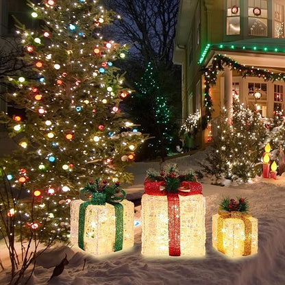 [Large 10"x8.5"x6.5" Christmas Set of 3 Lighted Clear Acrylic Gift Boxes Decorations Pre-lit 70 Super-Bright LED with Flashers,for Indoor Outdoor Pathway Holiday Party Home(Warm White)