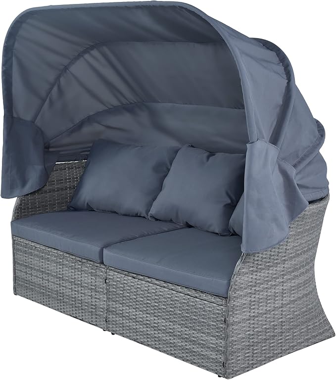 Rectangle Furniture Daybed Sunbed with Retractable Canopy, Outdoor Wicker Conversation Set with Cushions for Patio, Backyard, Porch, Garden, Hc-Gray