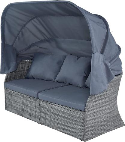 Rectangle Furniture Daybed Sunbed with Retractable Canopy, Outdoor Wicker Conversation Set with Cushions for Patio, Backyard, Porch, Garden, Hc-Gray