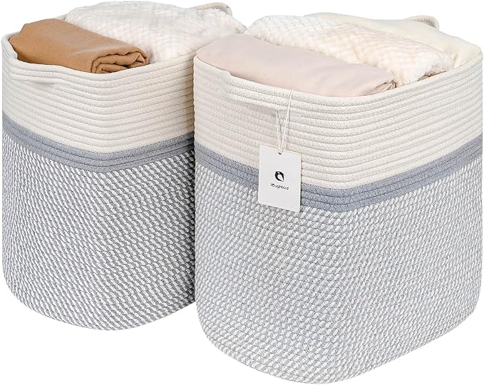 Medium and Large Woven Basket/With Handle, Baskets Laundry Hamper Wicker Tall Cotton Toy Storage Basket,Decorative Basket for Living room,Basket for Toys, 2bag