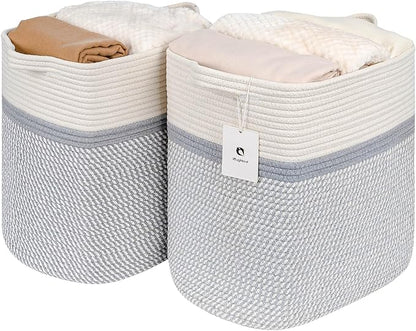Medium and Large Woven Basket/With Handle, Baskets Laundry Hamper Wicker Tall Cotton Toy Storage Basket,Decorative Basket for Living room,Basket for Toys, 2bag