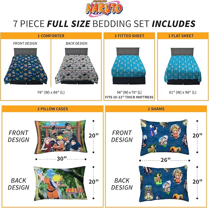 Naruto Anime Bedding Super Soft Comforter and Sheet Set with Sham, 7 Piece Full Size, By Franco