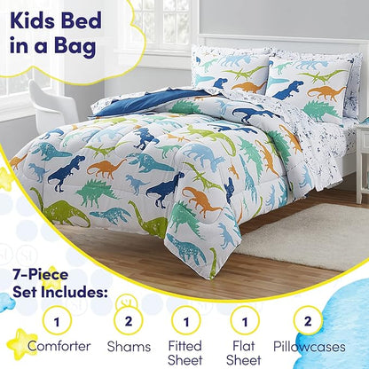 Kids Bedding Set Bed in a Bag for Boys and Girls Toddlers Printed Sheet Set and Comforter, Full, Dinosaur (Pack of 4)