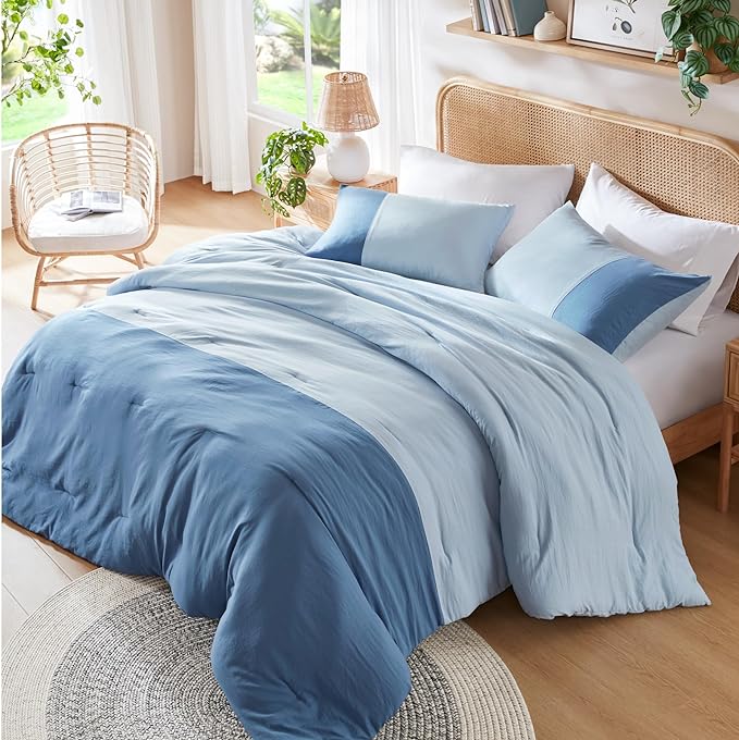 Blue Twin Comforter Set - Modern Soft Farmhouse Bedding for Teen Boys, Kids Colorblock Pattern Bed Sets for All Season, 2 Pieces includes 1 Comforter, 1 Sham (66"x 90")