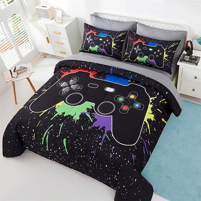 KAKKI 4 Piece Boys Twin Gamer Comforter Set with Sheets, 3D Colorful Video Game Controller Comforter for Kids Teen, All Season Soft Microfiber Gaming Bedding Set(Black,Twin)
