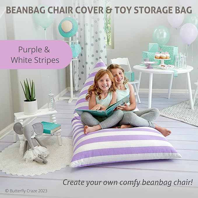 Butterfly Craze Bean Bag Chair Cover, Functional Toddler Toy Organizer, Fill with Stuffed Animals to Create a Jumbo, Comfy Floor Lounger for Boys or Girls, Stuffing Not Included, Purple Stripes