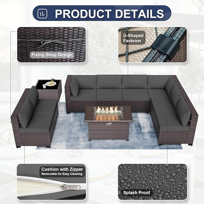 Patio Furniture Sectional Sofa Set 10-Pieces PE Rattan Patio Conversation Set w/43in Gas Fire Pit Table, Outdoor Furniture with 55000 BTU Propane Fire Pit, Grey