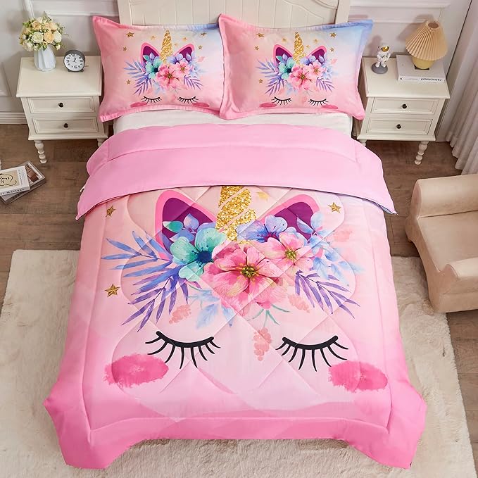 VIVILINEN Twin Size Bedding Set for Girls 3 Piece Pink Unicorn Kids Comforter Set Cartoon Unicorn Flowers Quilt Set Bed in A Bag Lightweight Duvet Bed Set for Kids Teen Girls Women with 2 Pillowcases
