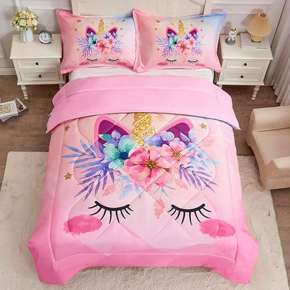 VIVILINEN Twin Size Bedding Set for Girls 3 Piece Pink Unicorn Kids Comforter Set Cartoon Unicorn Flowers Quilt Set Bed in A Bag Lightweight Duvet Bed Set for Kids Teen Girls Women with 2 Pillowcases