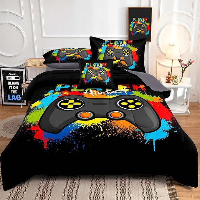 Kids Gaming Bedding Sets, 6 Piece Gamer Comforter Sets for Teens Boys Full Size for Bedroom Comforter Set Adult 3D Gamepad Microfiber Bedding Sets Fits All Season Bedding Comforter Sets